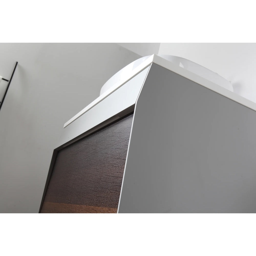 A close-up of a modern cabinet corner from the Ronda 30 Inch Wall Mount Bathroom Vanity With Vessel Sink, featuring a white frame, wood-textured panel, and a white vessel sink on top, set against a minimal white background.