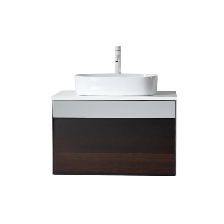 The Ronda 30 Inch Wall Mount Bathroom Vanity With Vessel Sink features a modern white countertop, vessel sink, and single faucet. Its minimalist design and dark wood cabinet with horizontal accent fit perfectly in contemporary spaces.