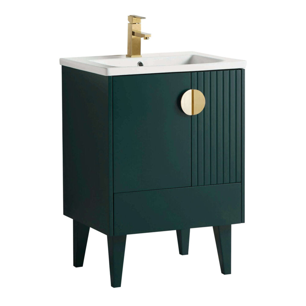 The Venezian 24 inch Bathroom Vanity With Sink has a modern dark green cabinet, four angled legs, a white sink, a gold faucet, and a round gold handle on the vertically grooved door.