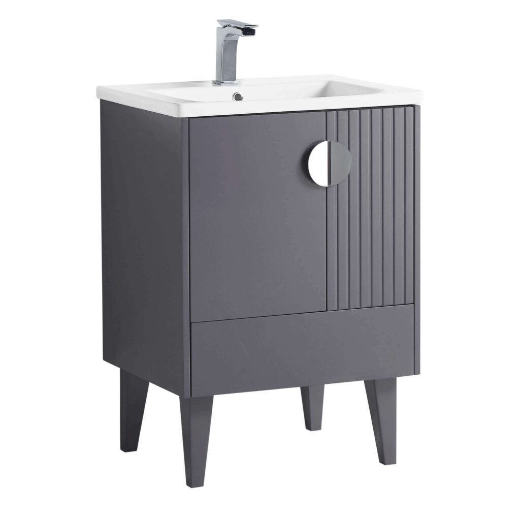 The Venezian 24 inch Bathroom Vanity With Sink features a modern gray finish, tapered legs, a white rectangular sink, a silver faucet, and a single cabinet door with a circular metal handle and vertical grooves.