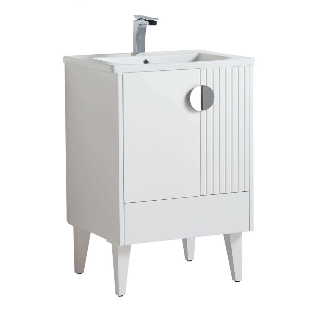 The Venezian 24 inch Bathroom Vanity With Sink has a modern white design, rectangular sink, chrome faucet, single door with round handle, vertical grooves on one side, and tapered legs.