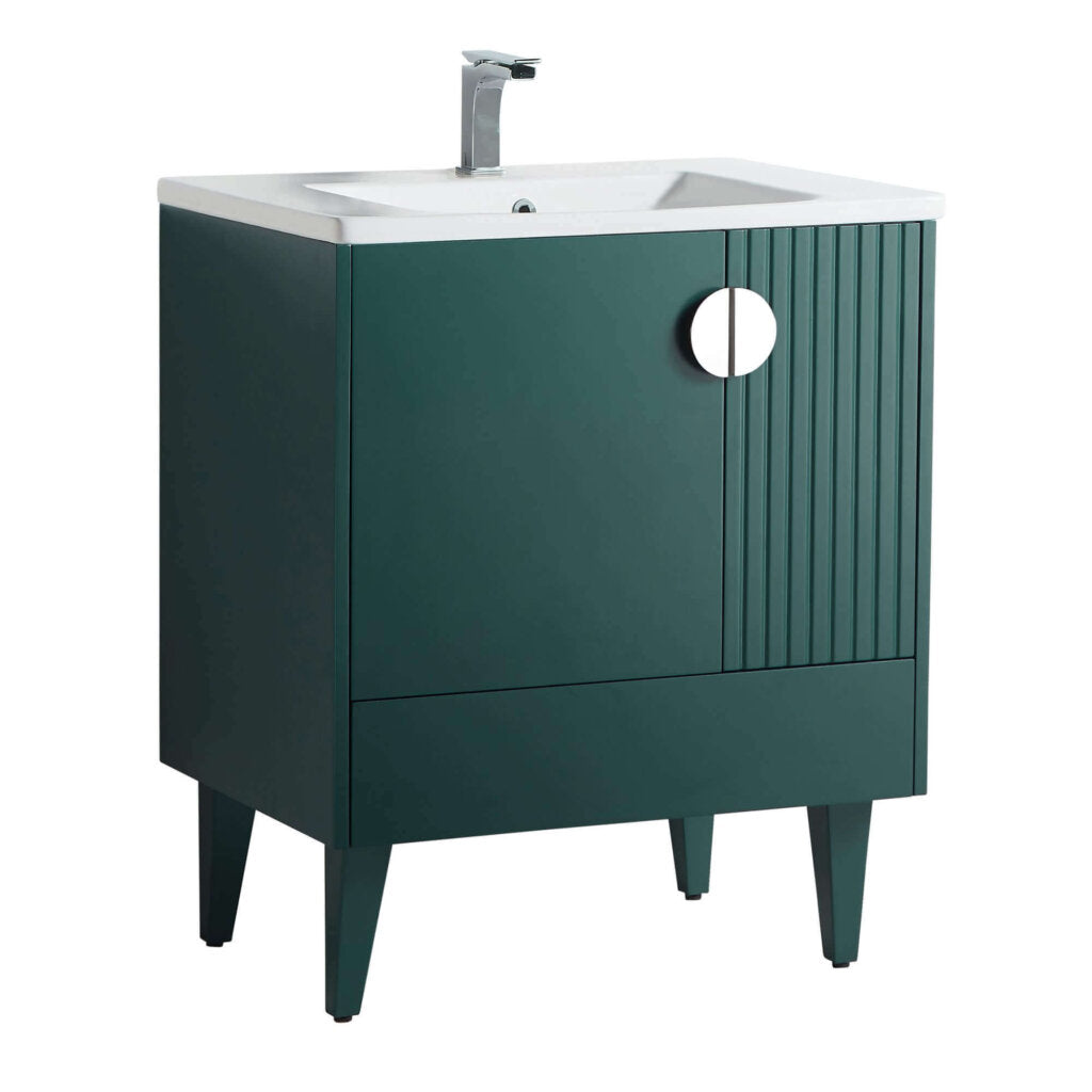 The Venezian 30 inch Bathroom Vanity With Sink in modern dark green features four tapered legs, a white rectangular sink, a silver faucet, a round silver cabinet handle, and grooved detailing on one side.