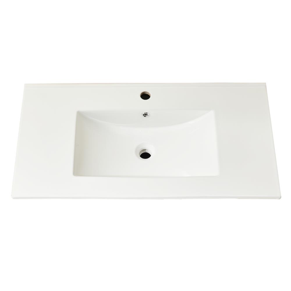 Rectangular white bathroom sink with a wide, flat countertop, central basin, and two faucet holes—ideally designed to complement the Linea 36 Inch Wall Mounted Bathroom Vanity.