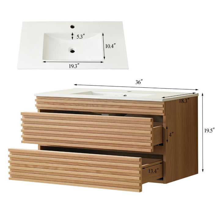 The Linea 36 Inch Wall Mounted Bathroom Vanity features two open drawers, a white rectangular sink (19.3 wide), a 5.3 wide basin, and overall dimensions of 36 W x 19.5 H x 18.3 D.