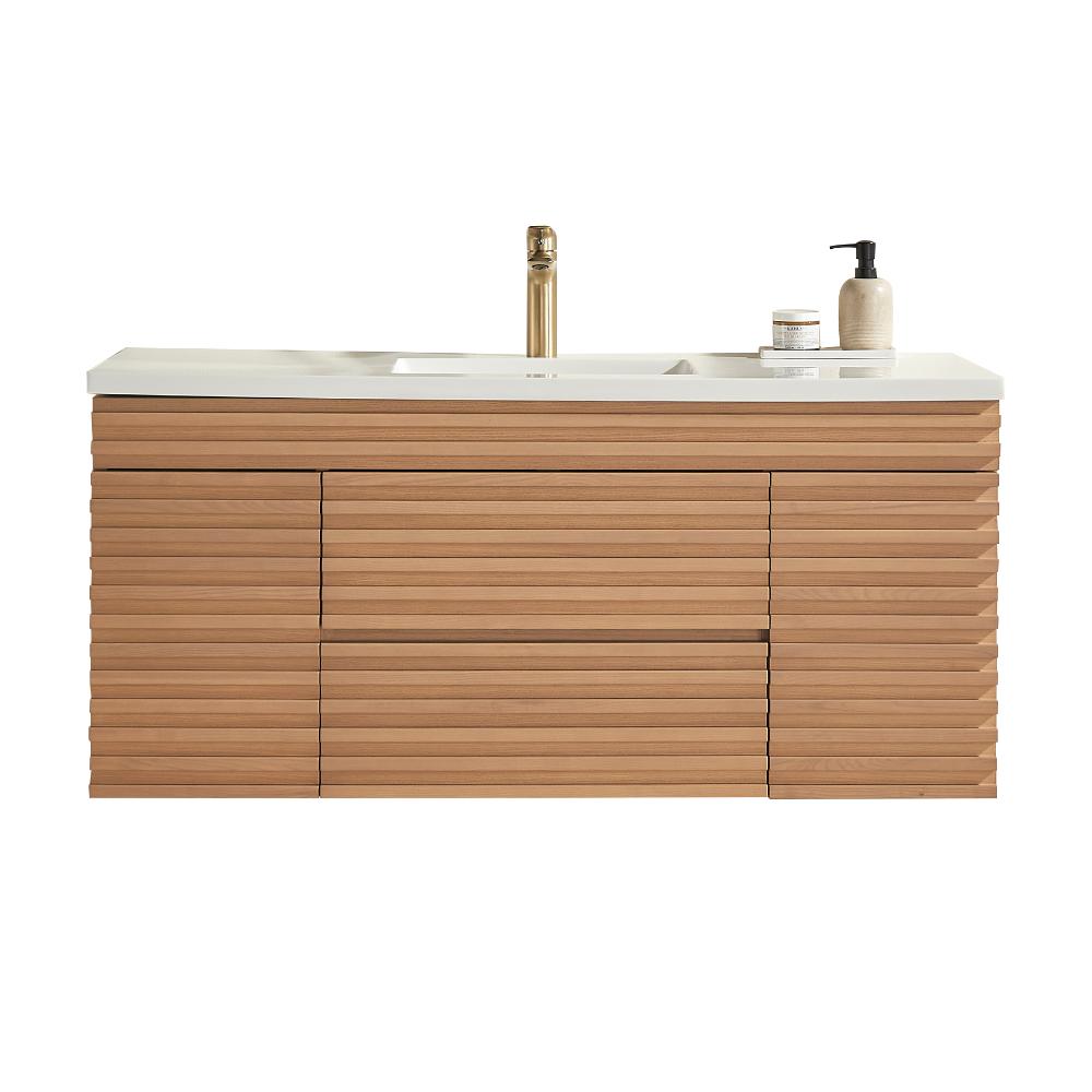 The Linea 48 Inch Wall Mounted Bathroom Vanity features a modern wooden design with horizontal grooves, white countertop, built-in sink, gold faucet, and right-side soap dispensers.