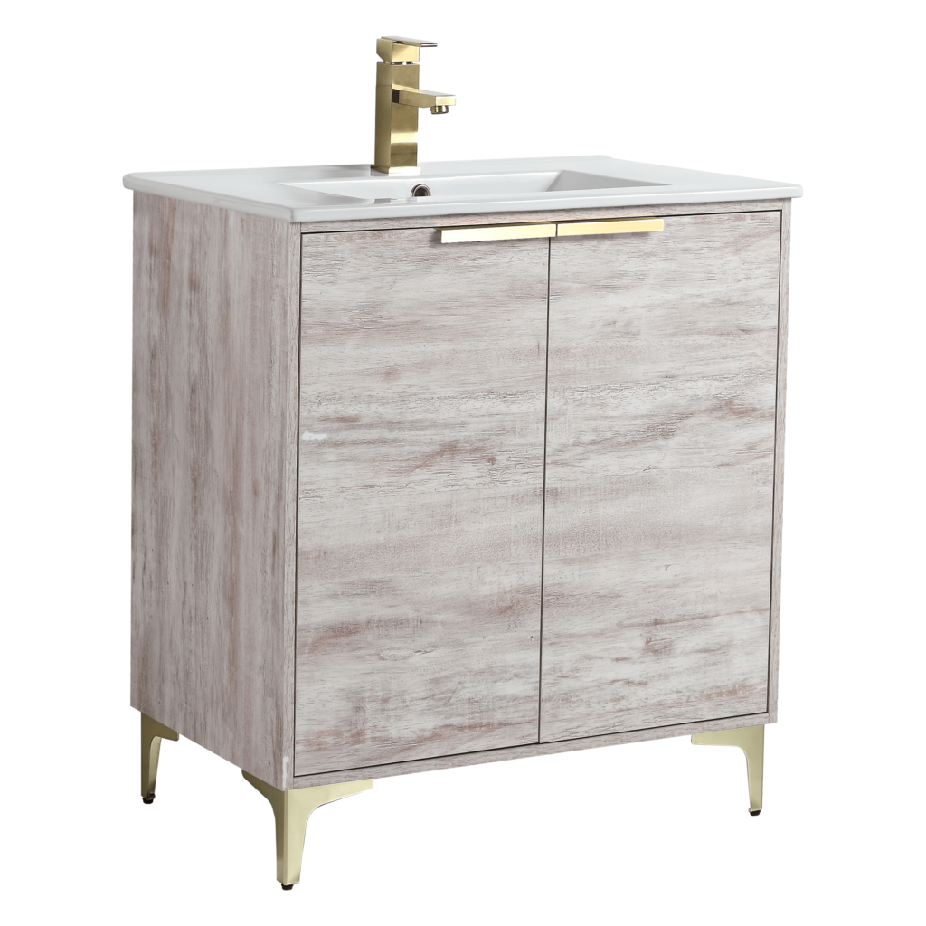 Discover the Wilmington 30 Inch Bathroom Vanity With Sink, a modern design featuring a light wood finish, white countertop, sleek gold faucet, two cabinet doors with gold handles, and elegant angled gold legs.