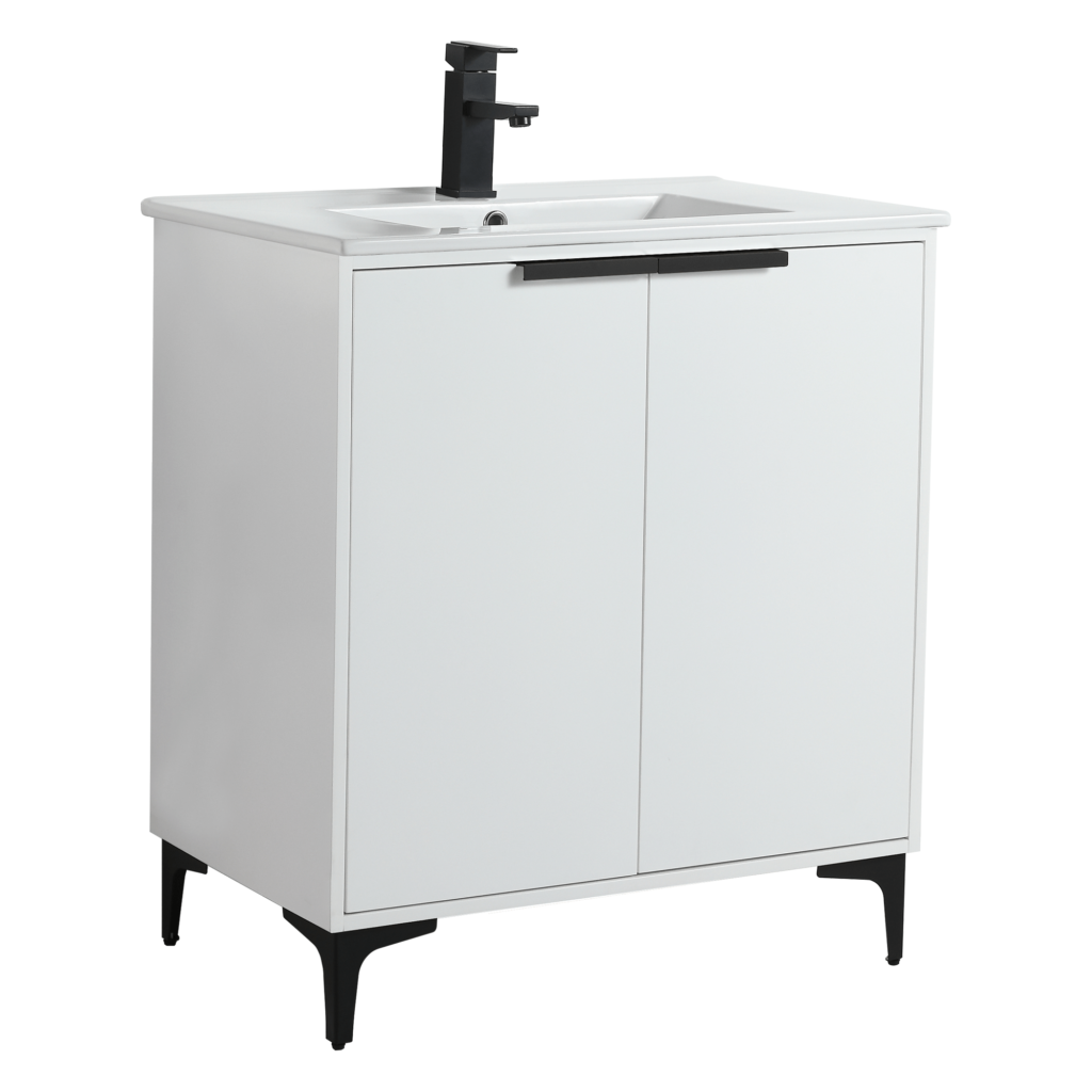 The Wilmington 30 Inch Bathroom Vanity features a modern white design with two doors, black handles, and sleek black legs. Its minimalist integrated sink complements the single black faucet, blending style and functionality.