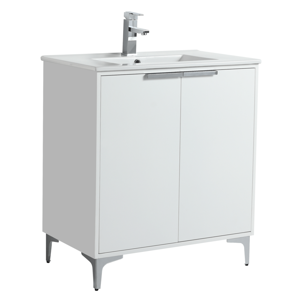 The Wilmington 30 Inch Bathroom Vanity With Sink boasts a white cabinet, sleek metal handles, and a modern faucet. It stands on four metal legs, offering a minimalist and contemporary design ideal for any modern bathroom.