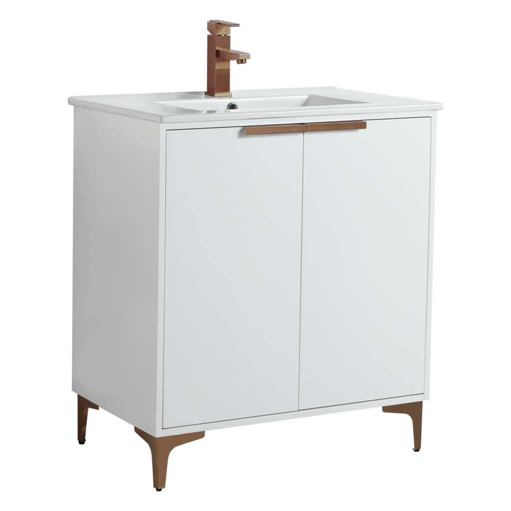 The Wilmington 30 Inch Bathroom Vanity With Sink features a modern touch with its sleek rectangular basin, minimalist design, two doors with rose gold handles and legs, and a matching rose gold faucet for a cohesive look.