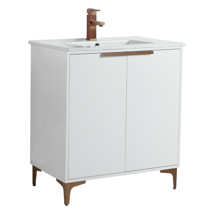 The Wilmington 30 Inch Bathroom Vanity With Sink features a modern touch with its sleek rectangular basin, minimalist design, two doors with rose gold handles and legs, and a matching rose gold faucet for a cohesive look.