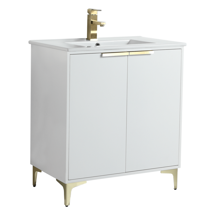 The Wilmington 30 Inch Bathroom Vanity With Sink combines a modern white cabinet, built-in sink, and gold faucet. It features gold legs and a horizontal gold handle on the doors, perfectly blending elegance with functionality.