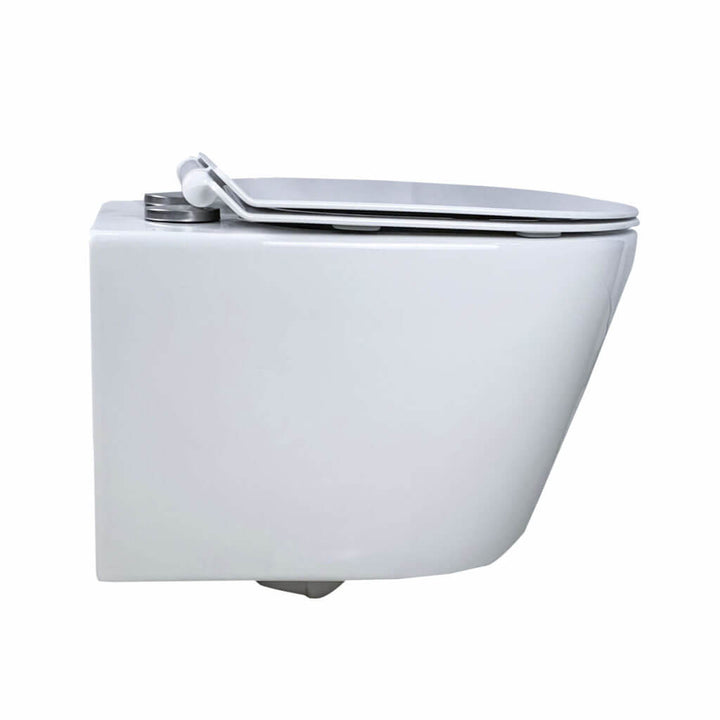 Side view of a modern Dakota Wall Hung Toilet in white with a closed lid, wall-mounted and isolated on a plain white background.