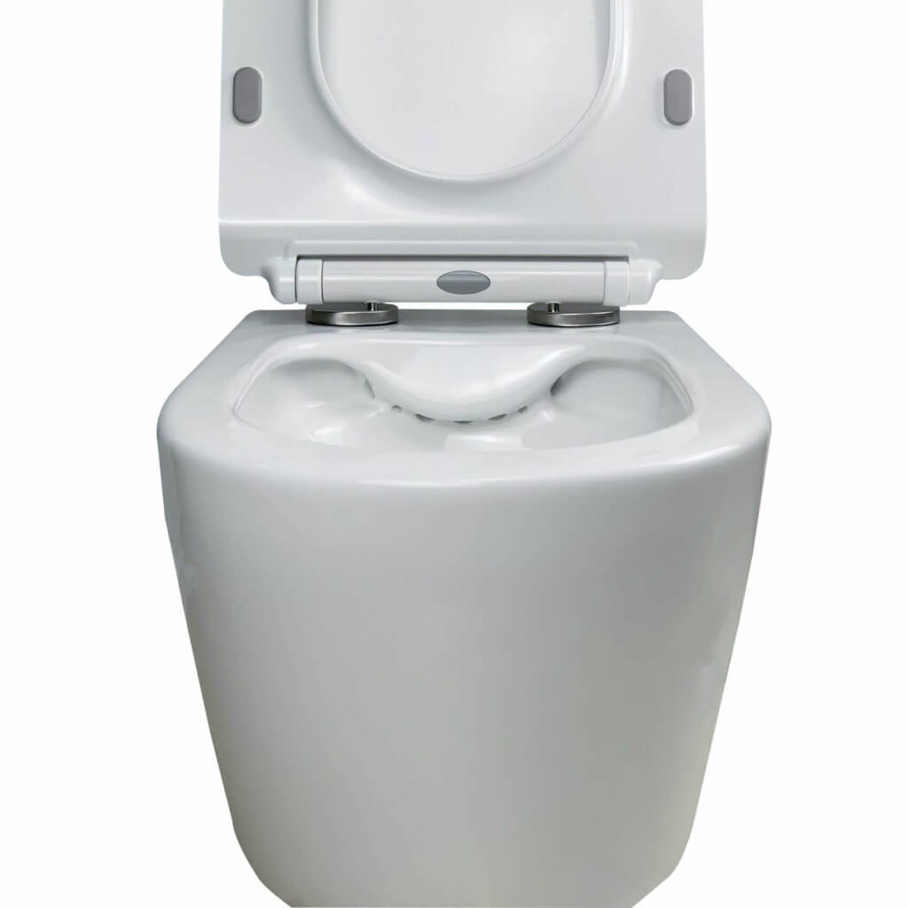 The Dakota Wall Hung Toilet is shown with its lid open, featuring a contoured white ceramic seat and an integrated bidet nozzle at the back of the bowl.