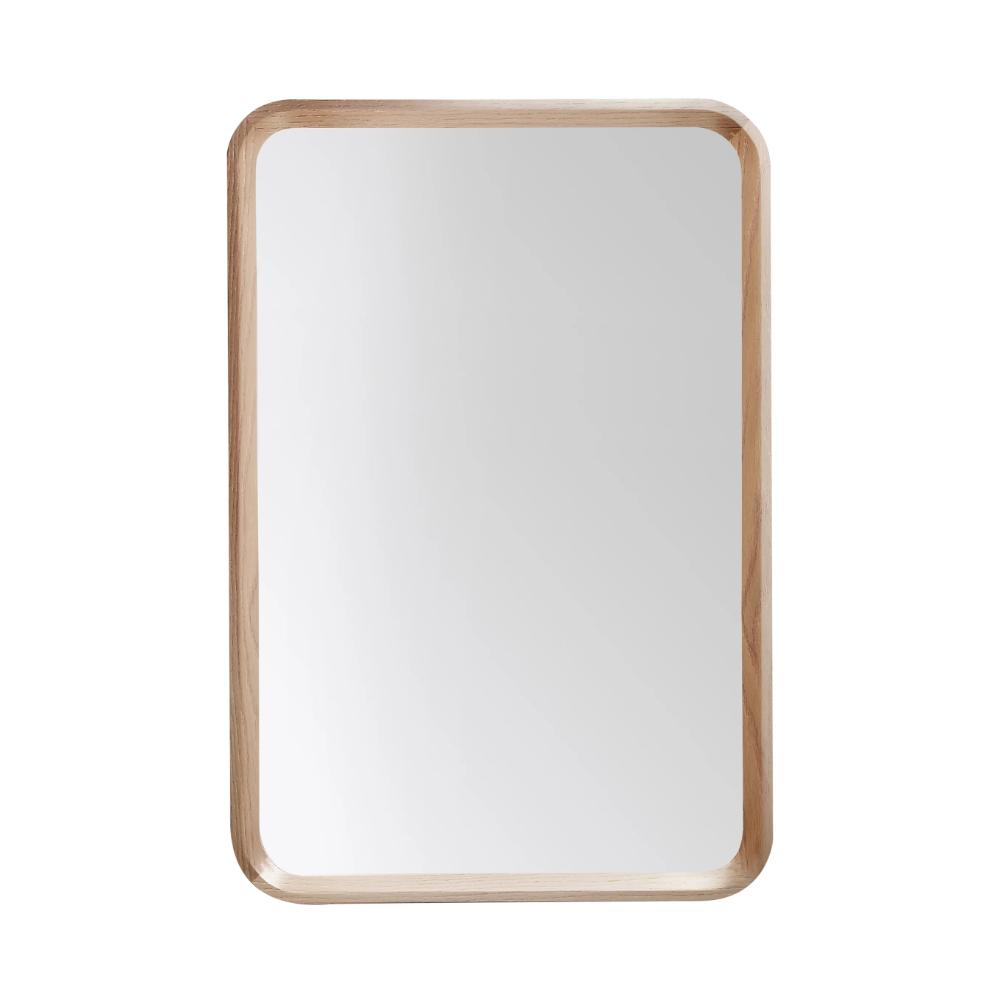 A rectangular mirror with rounded corners and a light wooden frame by Vela Mirrors, shown on a plain white background.