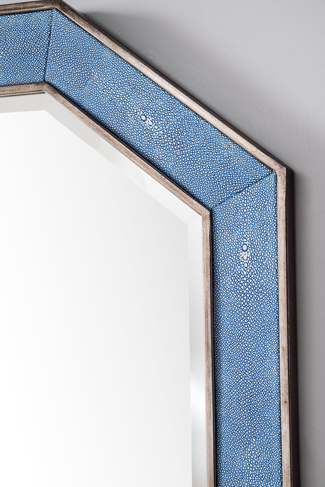 Tangent 30" x 41" Hexagonal Bathroom Mirror, Silver with Delft Blue