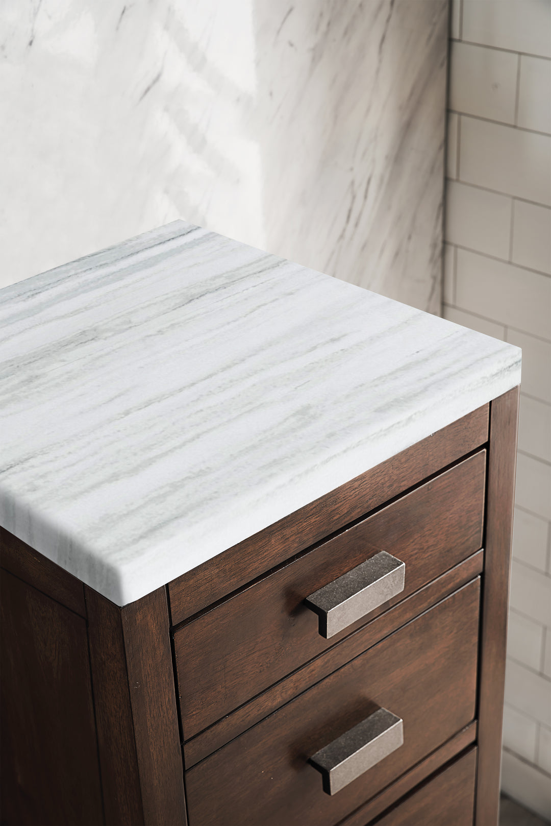 Addison 15" Base Cabinet in Mid-Century Acacia with Arctic Fall Top