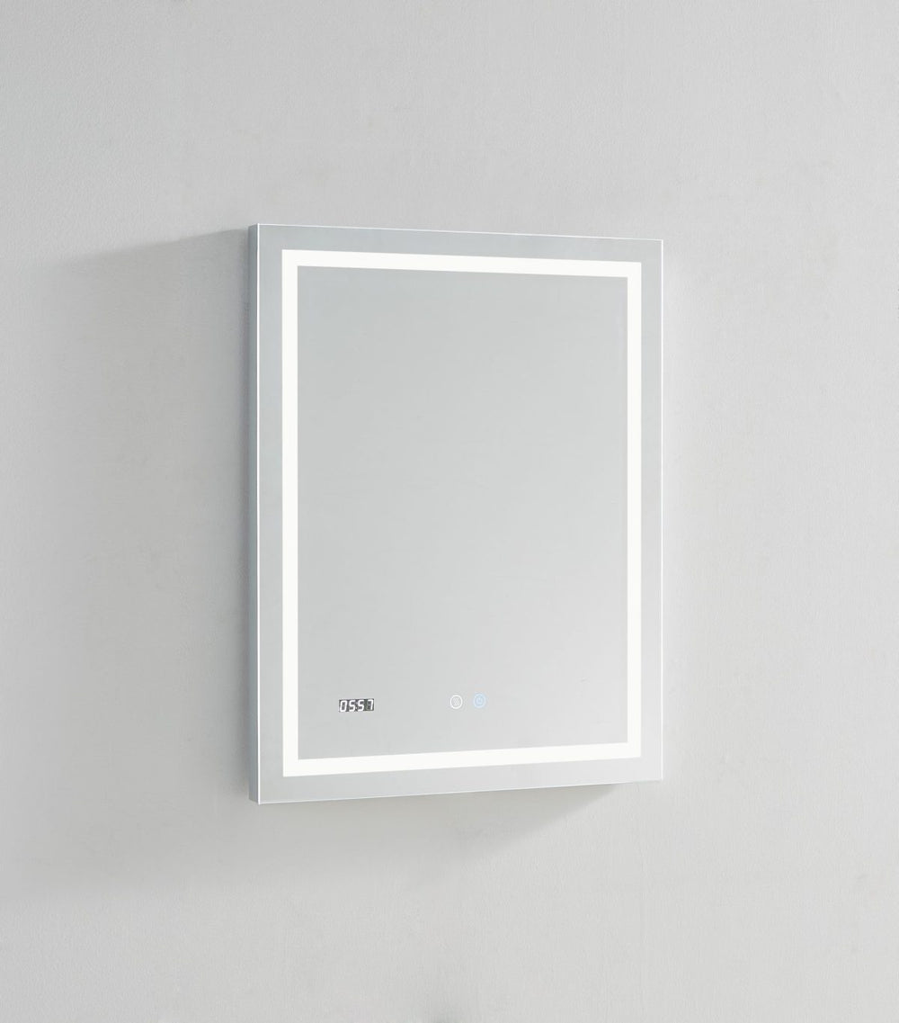 The Daytona 24 Inch x 36 Inch LED Lighted Bathroom Mirror offers a rectangular, wall-mounted design with a backlit border, touch controls, and a digital clock display, shown on a plain light gray wall.