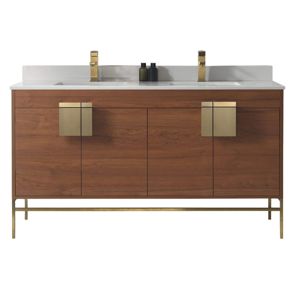  Shawbridge 60" Modern Double Bathroom Vanity  Spicy Walnut with Satin Brass Hardware