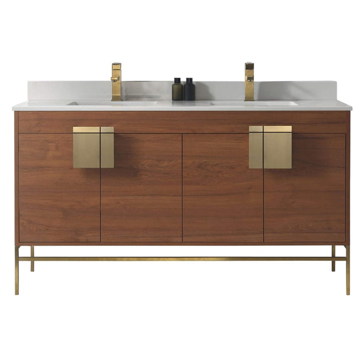  Shawbridge 60" Modern Double Bathroom Vanity  Spicy Walnut with Satin Brass Hardware