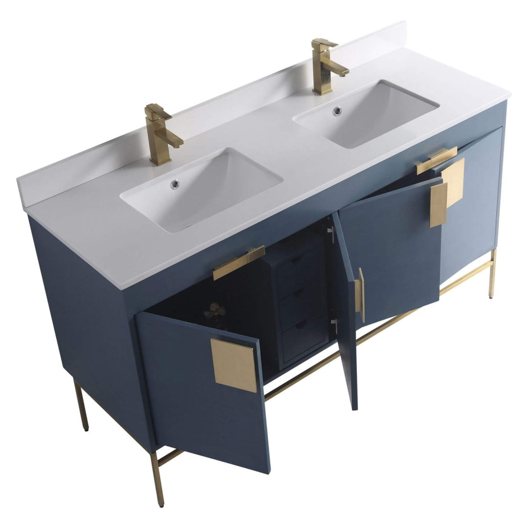  Shawbridge 60" Modern Double Bathroom Vanity  French Blue with Satin Brass Hardware