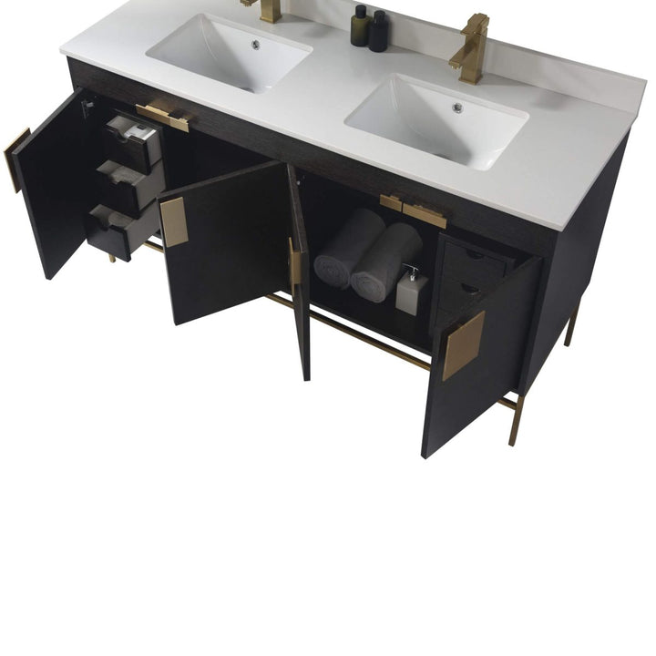  Shawbridge 60" Modern Double Bathroom Vanity  Black Oak Straight Grain with Satin Brass Hardware