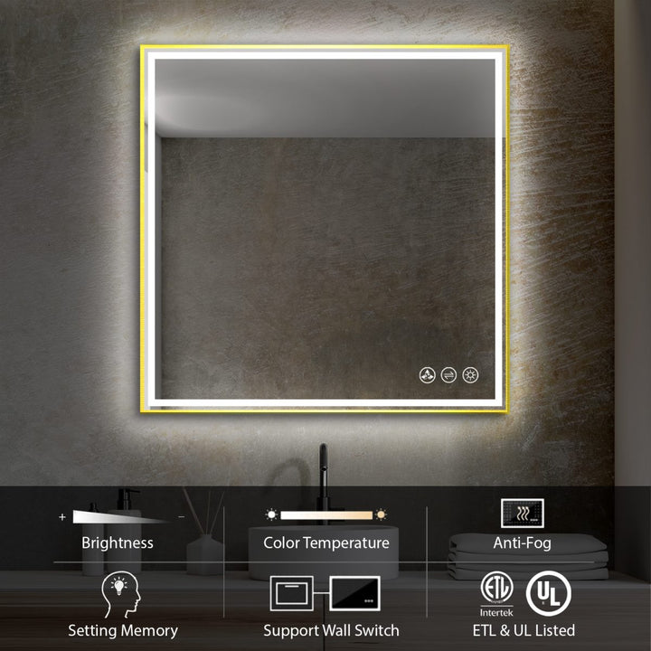 Introducing the Stellar 36 Inch LED Light Bathroom Mirror, featuring an illuminated border, adjustable brightness and color temperature, anti-fog tech, setting memory, wall switch support, and ETL &amp; UL certification icons for added assurance.