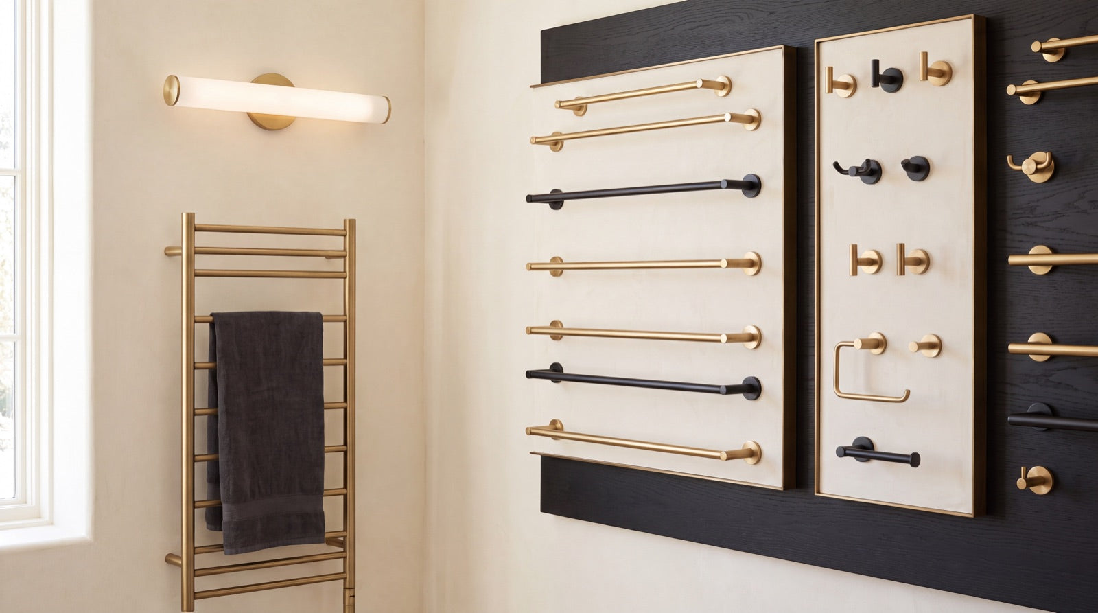 A wall display of bathroom hardware sets in brushed gold and matte black with a heated towel warmer and a vanity light in the ANVE Paramus, New Jersey showroom.