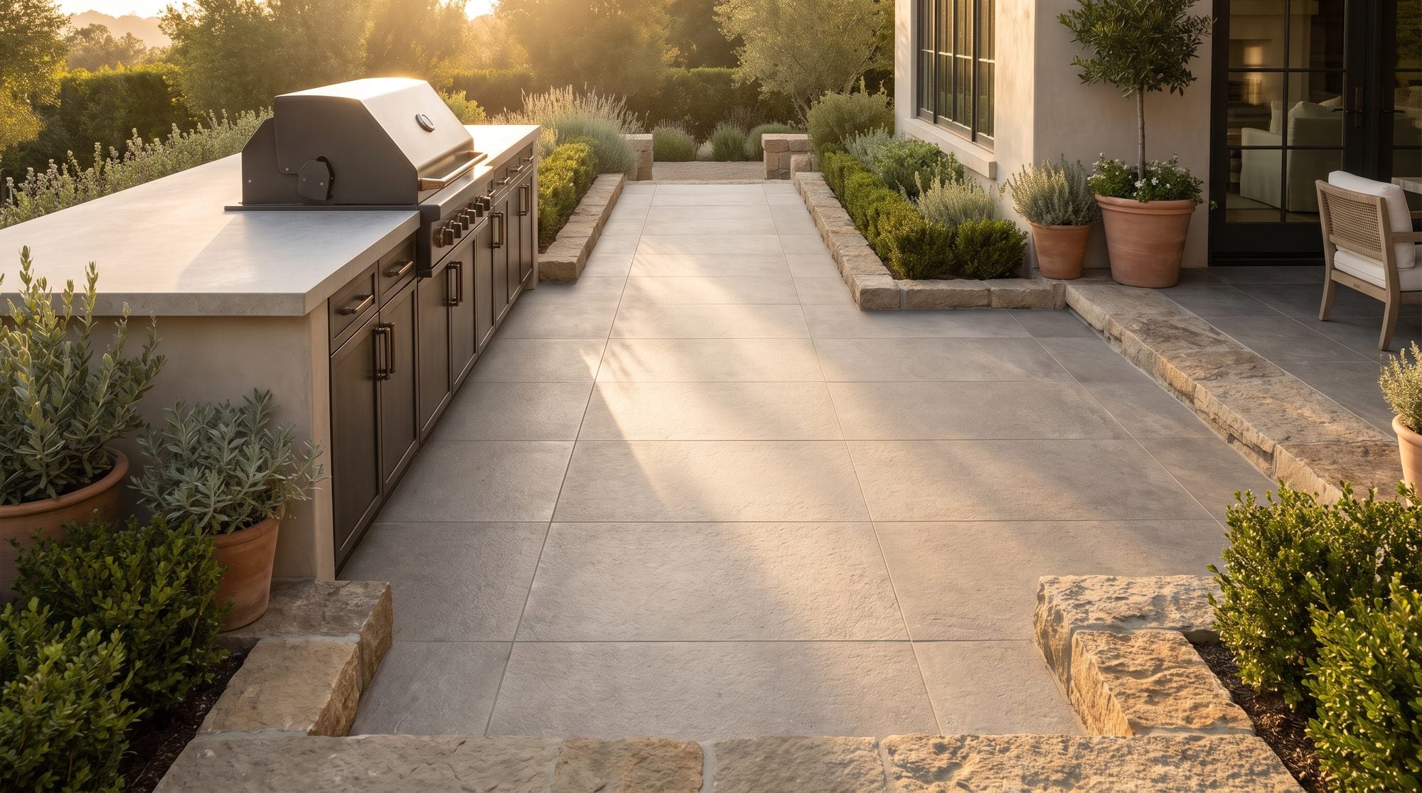 Refined backyard outdoor kitchen with 2cm porcelain paver flooring, a grill island, and a large-format porcelain slab counter at golden hour