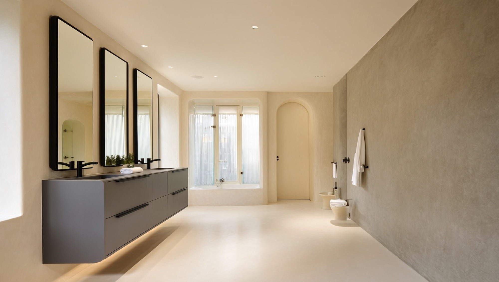 Matte grey contemporary double vanity with black framed mirrors
