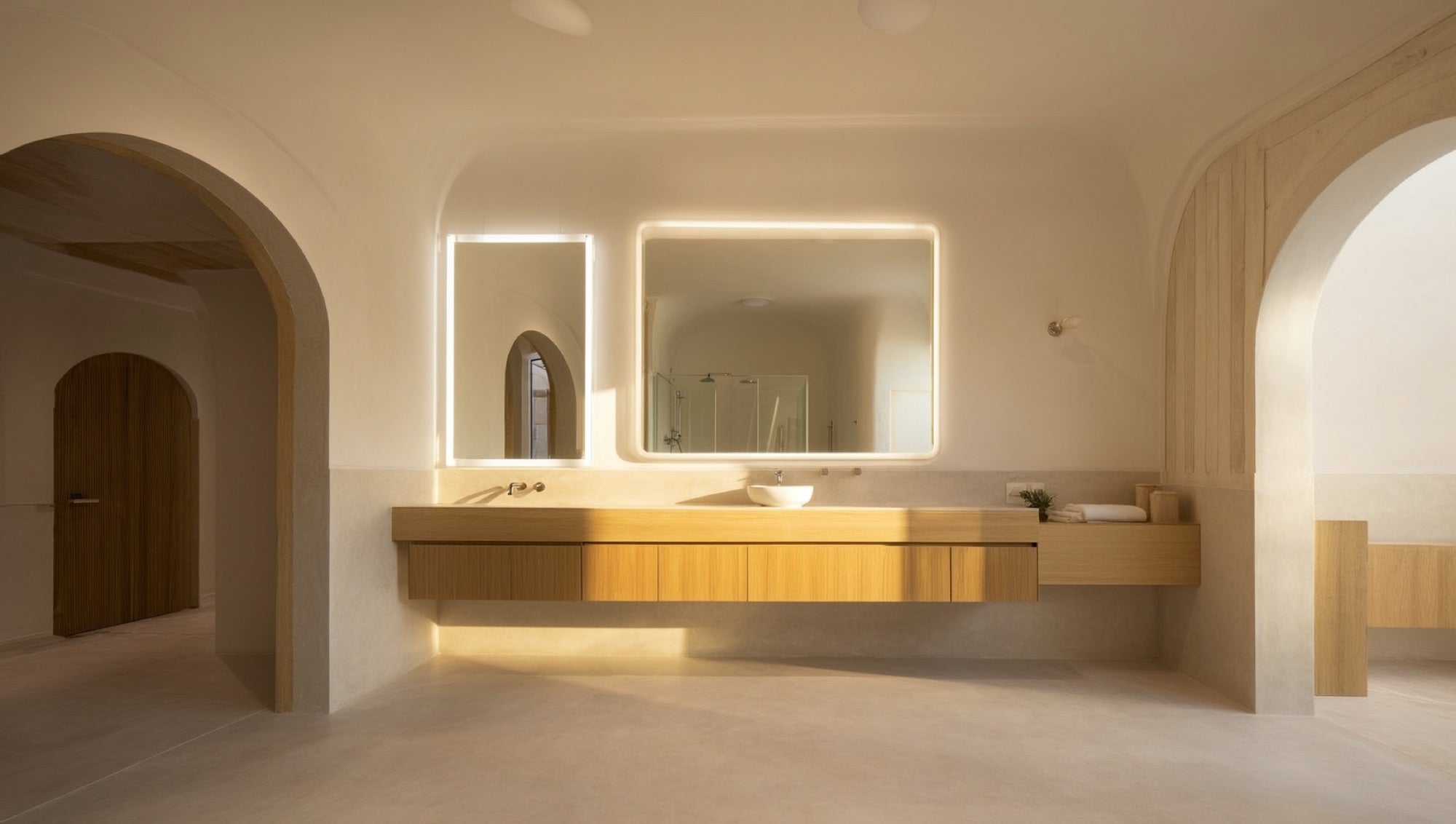 Floating oak vanity with backlit LED mirror