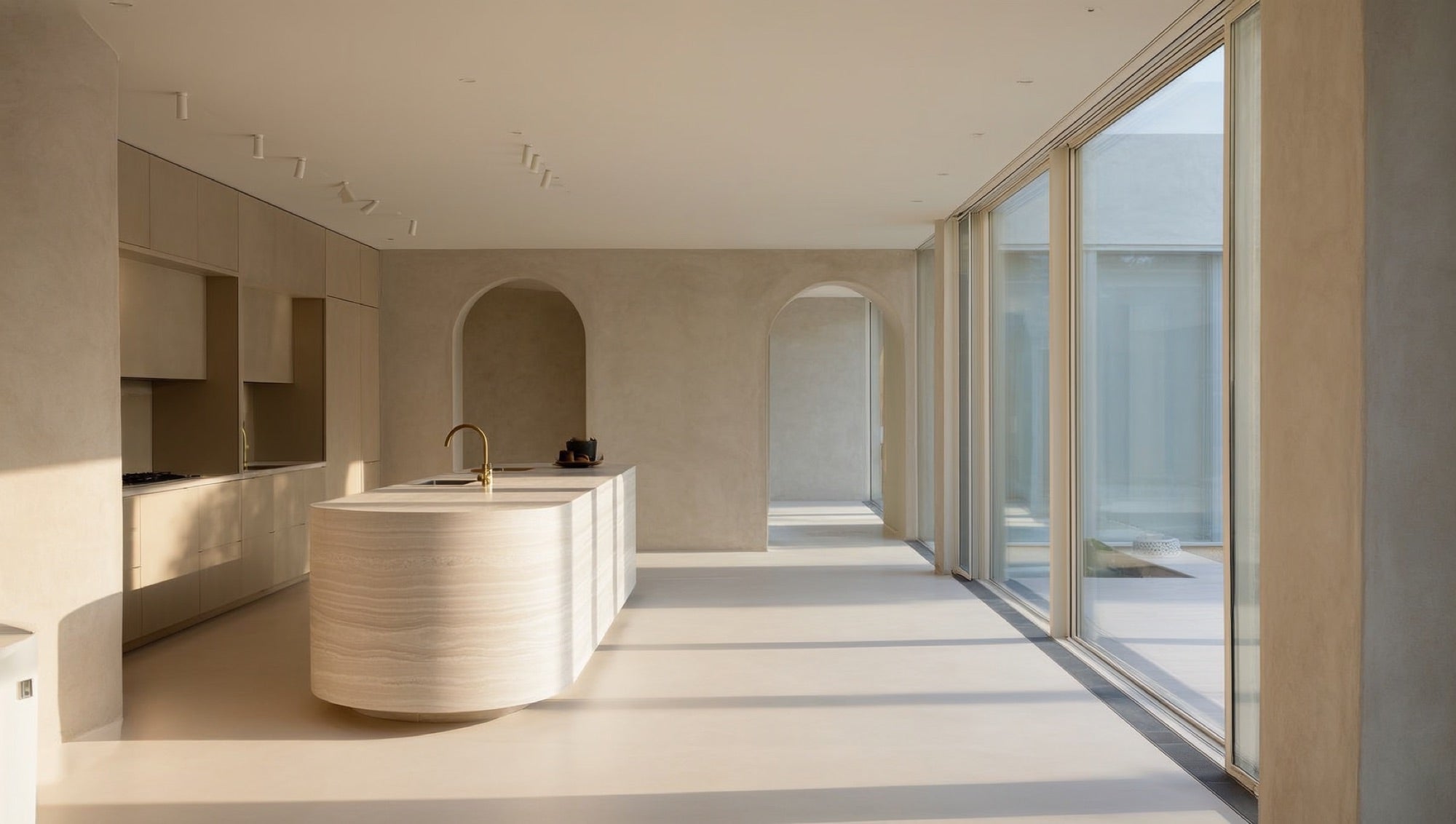 Matte ultracompact stone island in an architectural kitchen