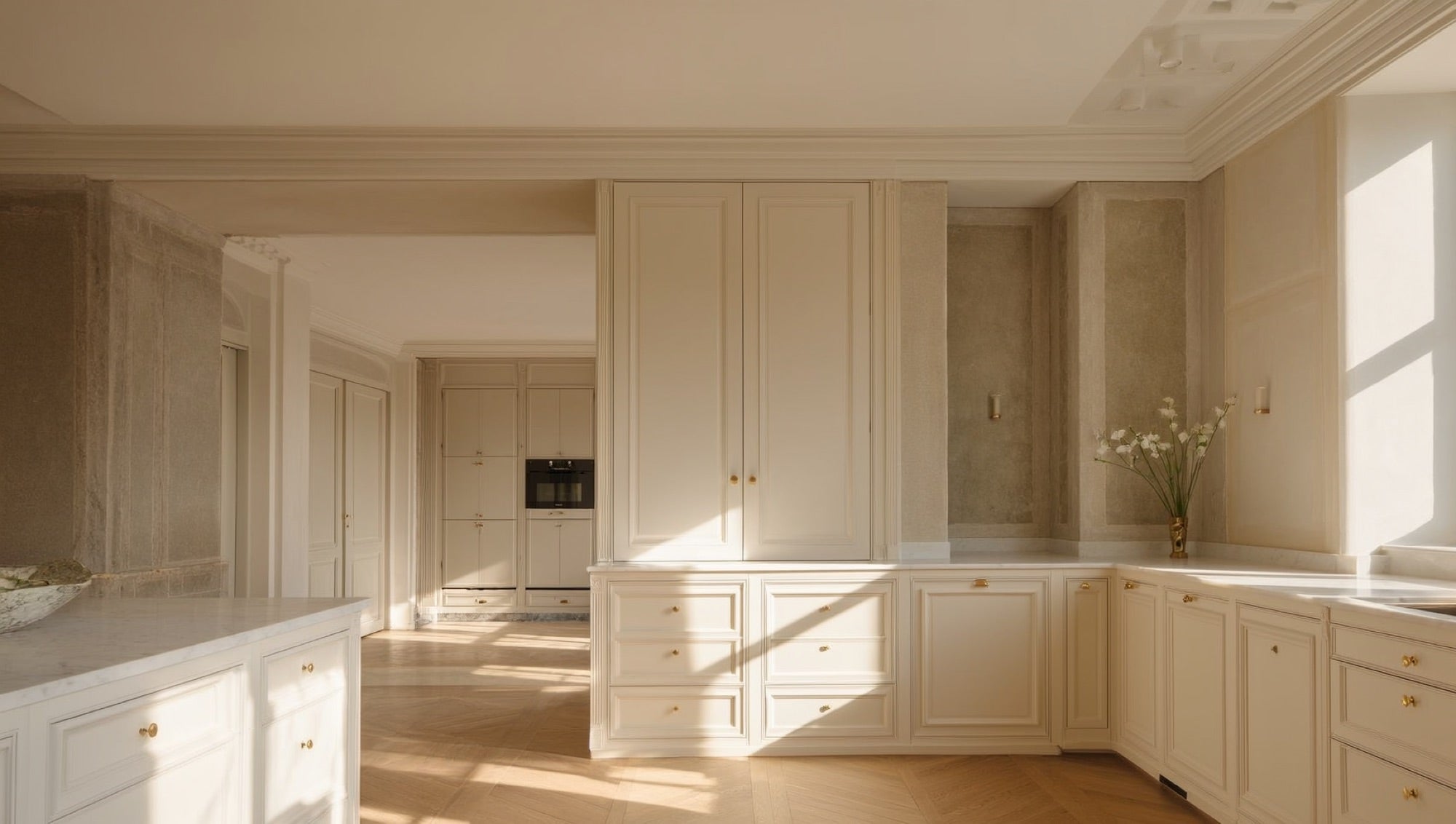 Warm white shaker-style kitchen cabinetry with brass hardware and marble countertop