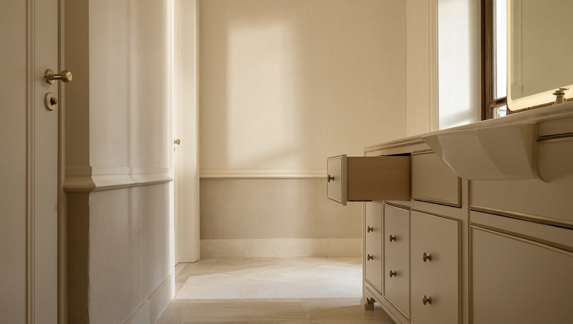 Vanity vignette with brass hardware and quartz top