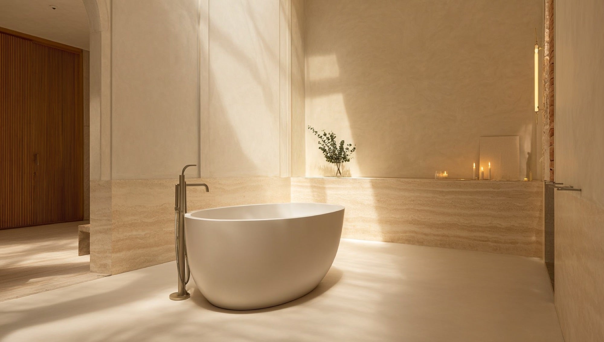 Freestanding soaking tub in a warm spa bathroom
