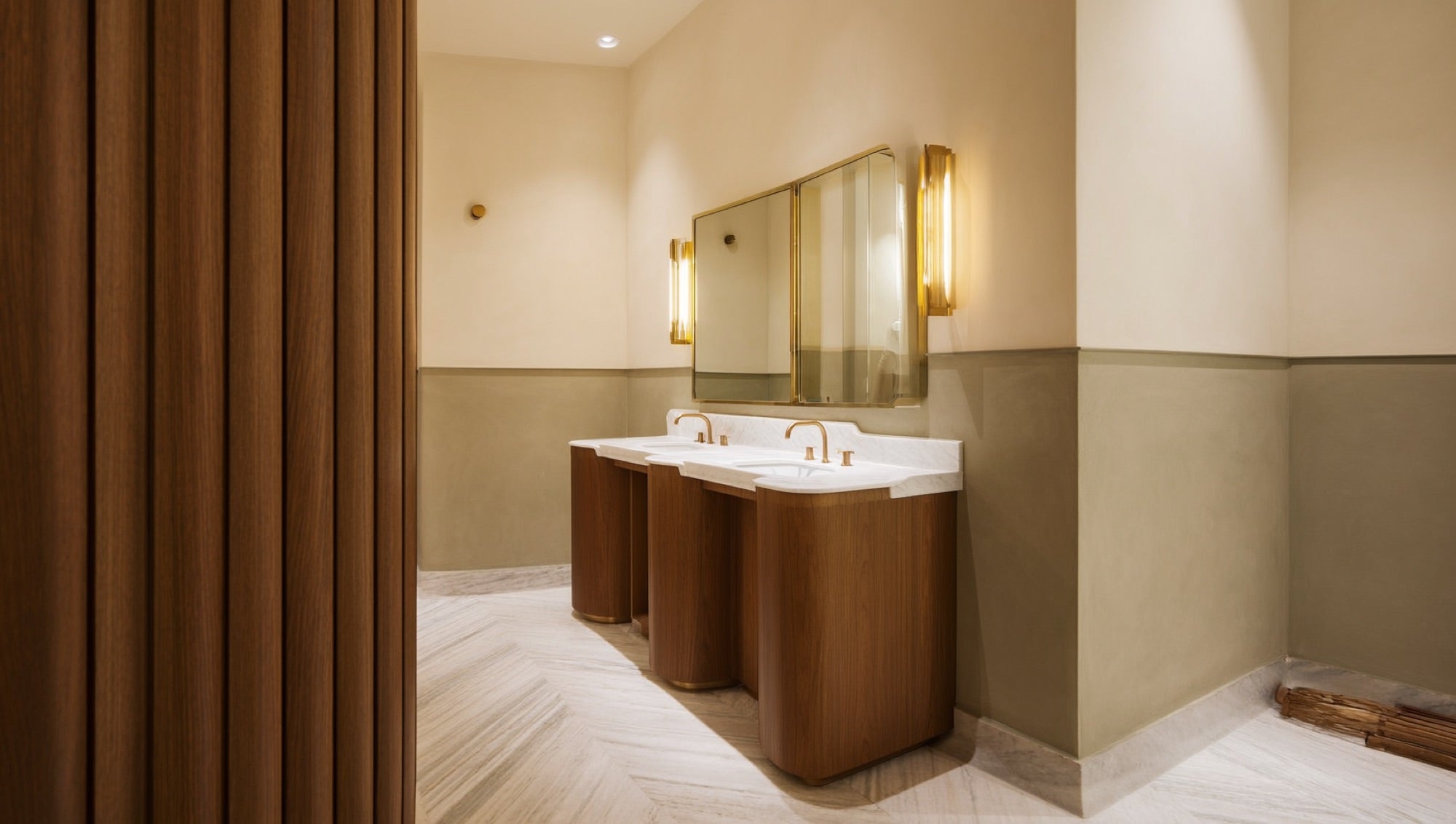 Furniture-style walnut double vanity with white marble top