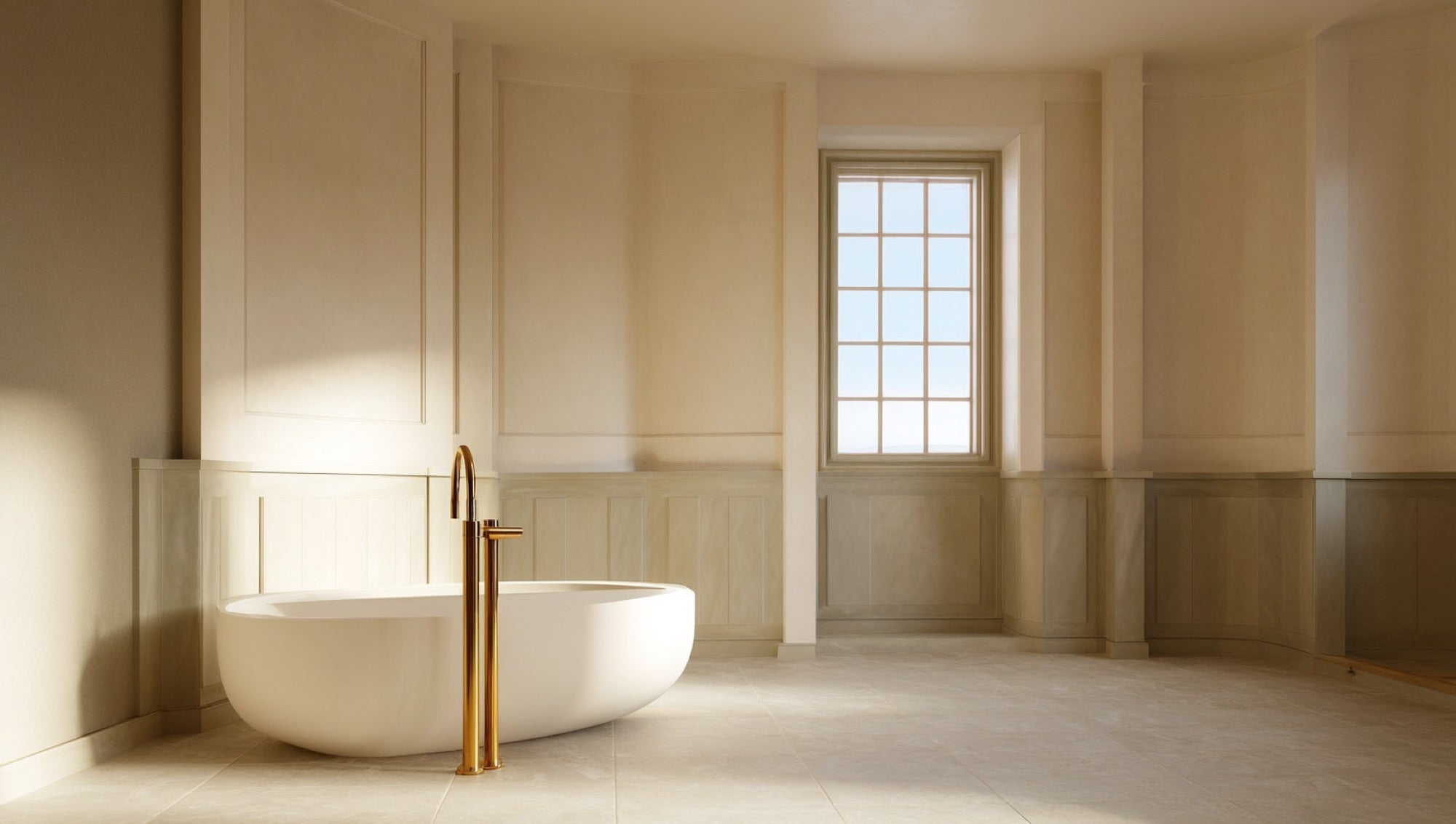 Freestanding tub with brushed brass floor-mount filler