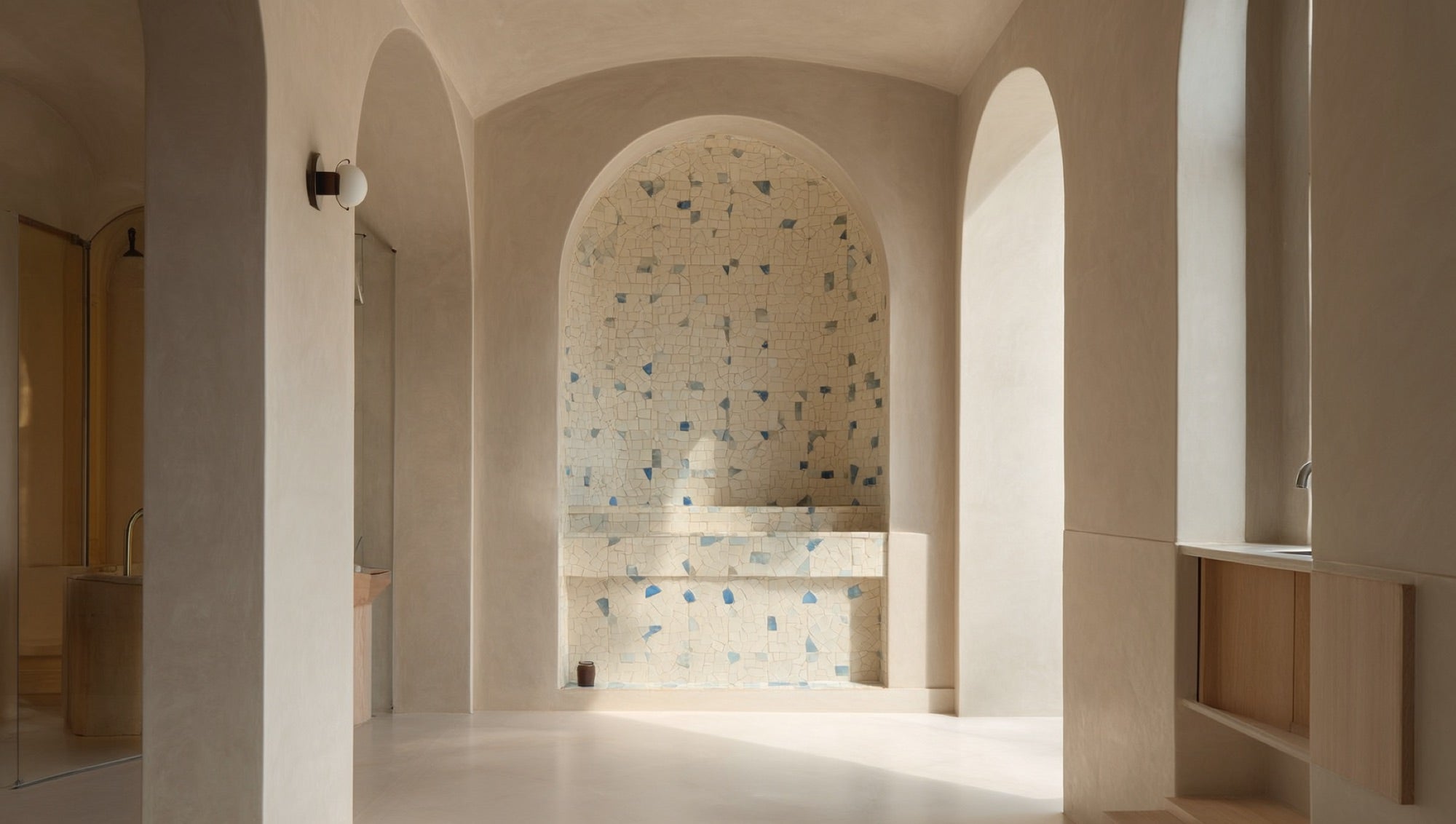 Handmade zellige-style ceramic wall tile in cream and sea-glass tones