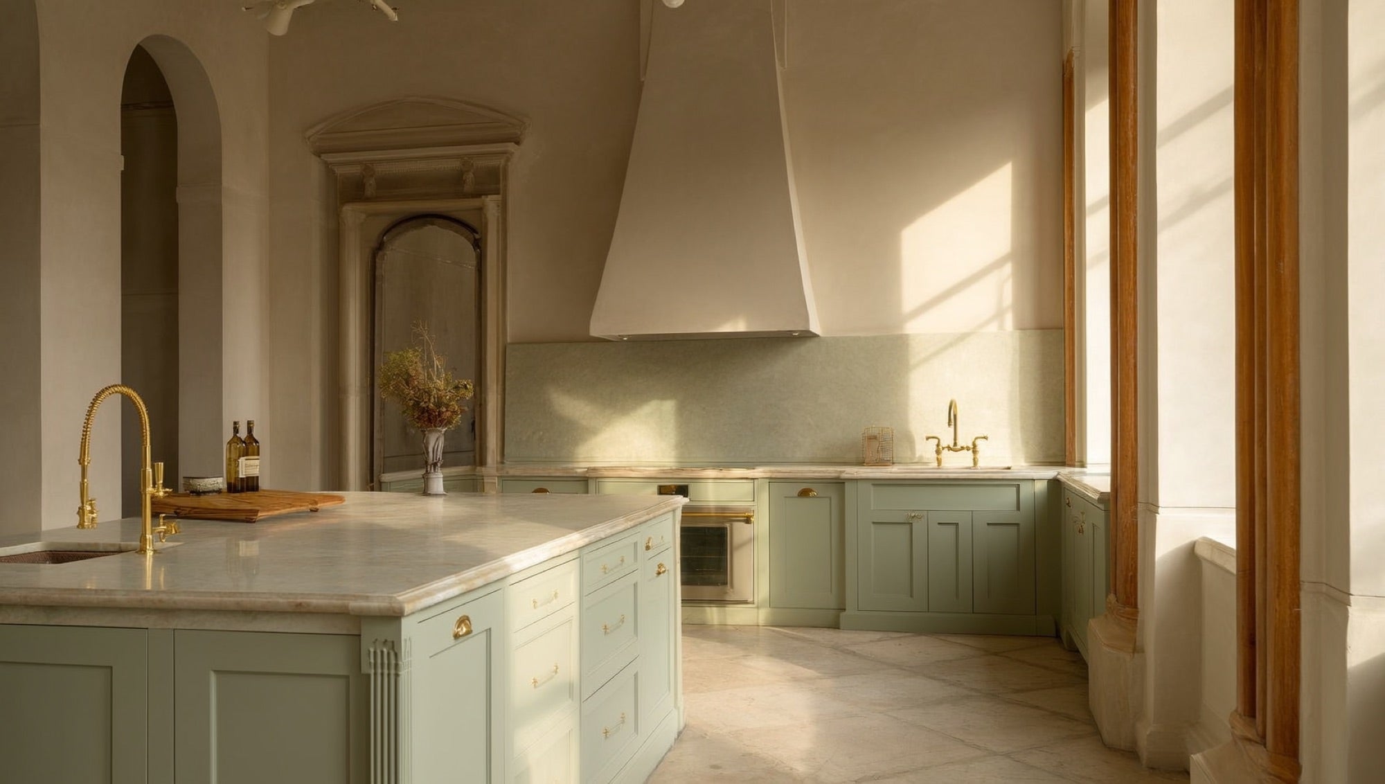 Sage green shaker kitchen cabinetry with antique brass hardware