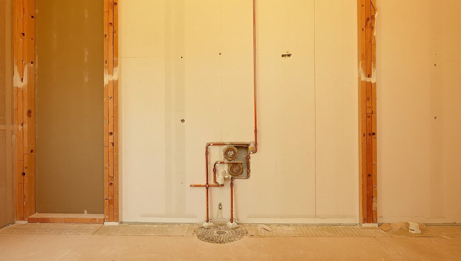 Bathroom renovation rough-in with new supply lines and drain awaiting inspection before walls close