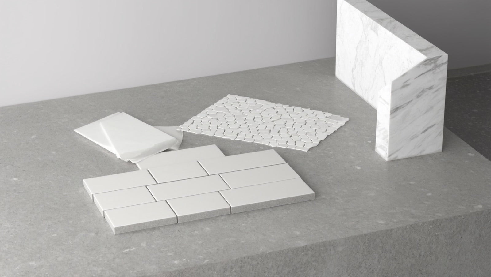 Tile sample boards compared on a counter: white subway rectangles, a slim matte plank, a hexagon mosaic sheet, and a marble-look large-format tile.