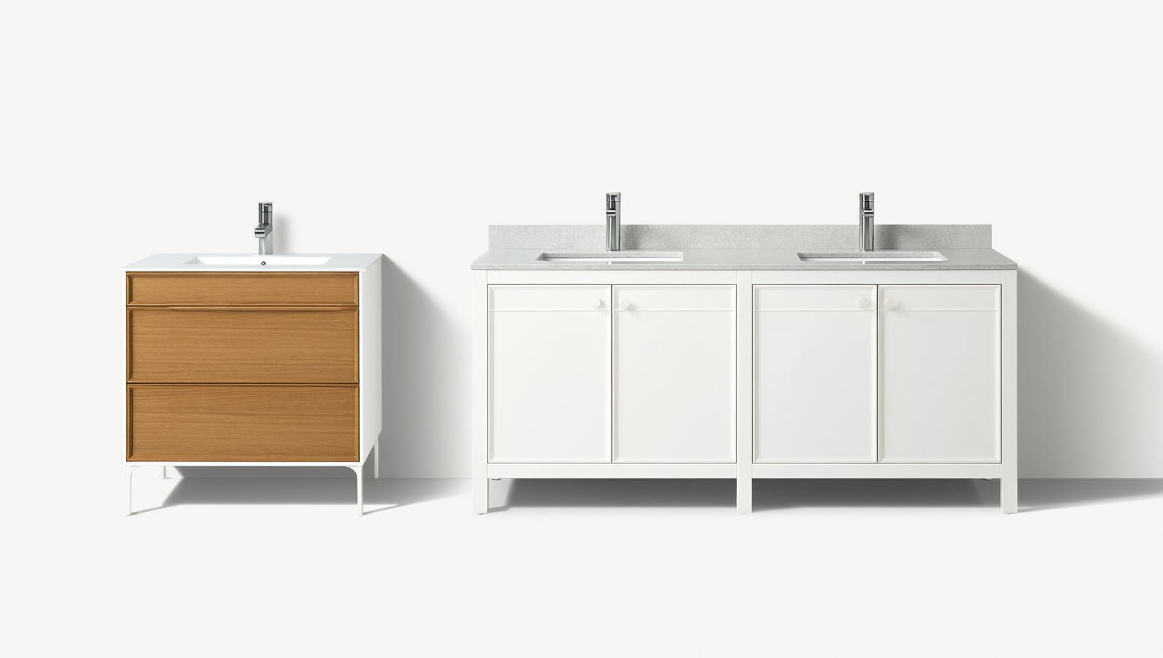 Single-sink floating vanity beside a double-sink freestanding vanity, showing size and configuration options at ANVE Kitchen & Bath