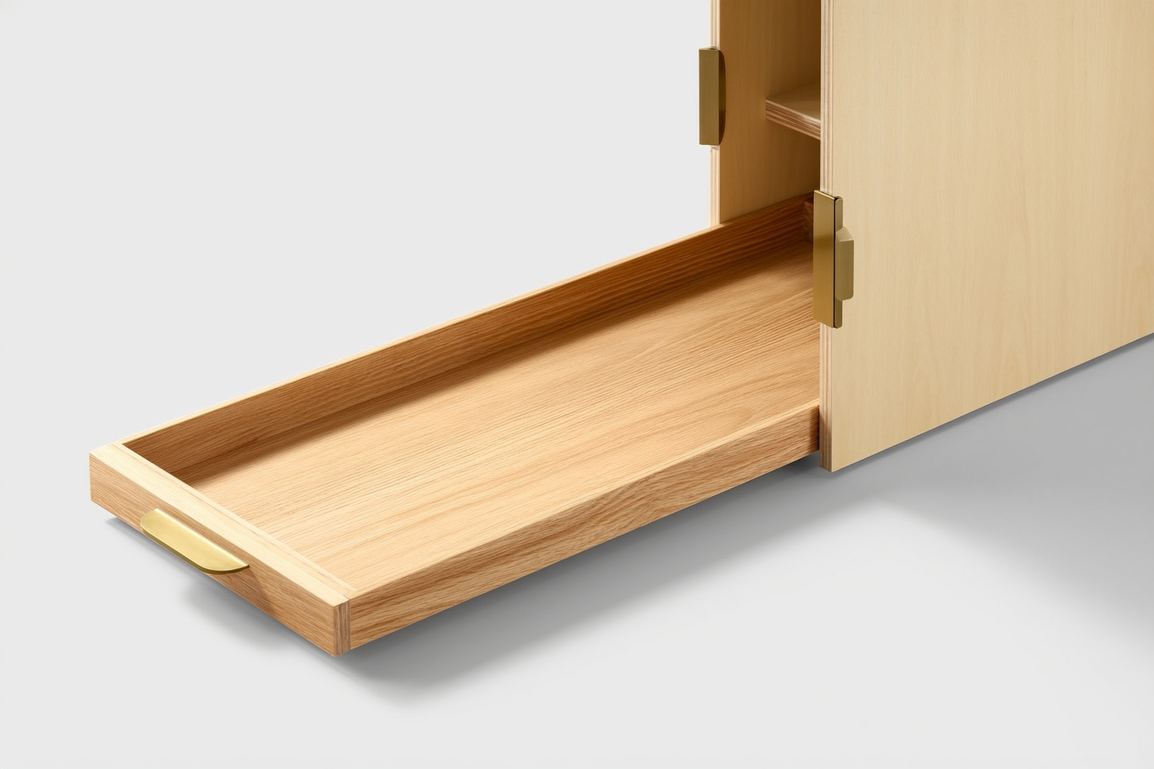 Premium cabinet construction detail: dovetail hardwood drawer box on a soft-close glide with brass hardware