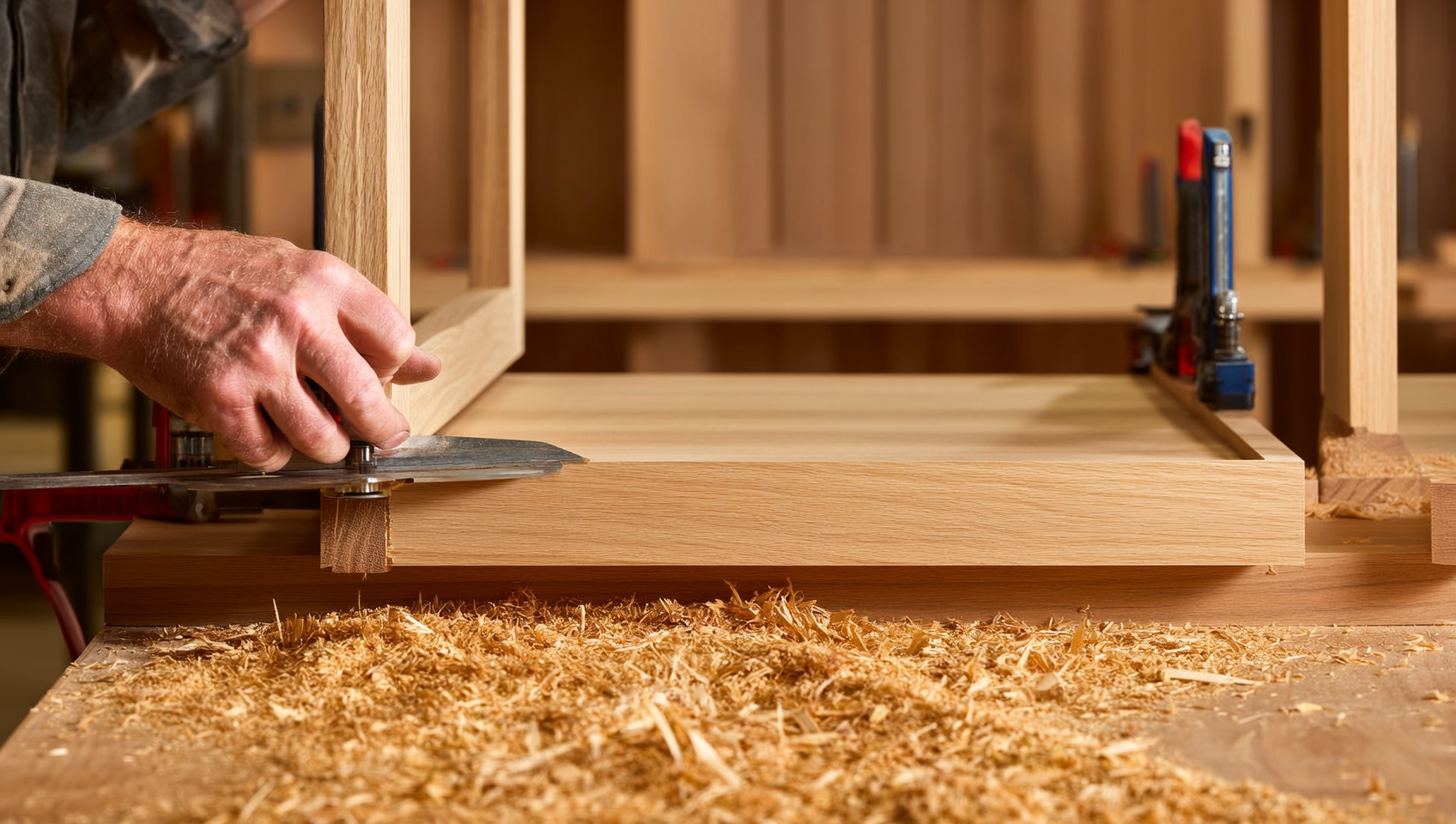 ANVE cabinet maker using a hand tool on a custom hardwood cabinet frame in the workshop