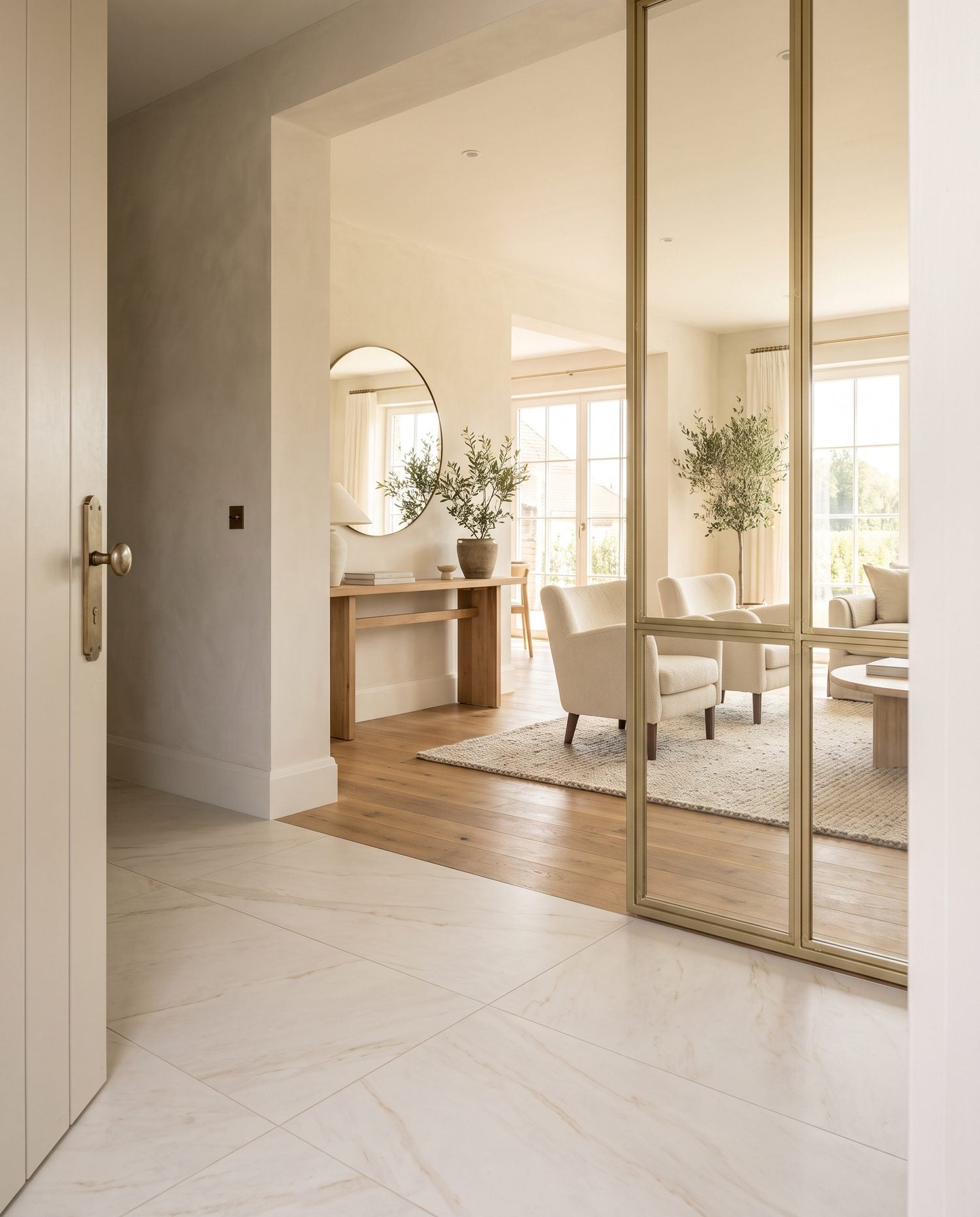 A view from a front-door threshold looking into a bright home, with a durable large-format porcelain entry floor transitioning into the interior.