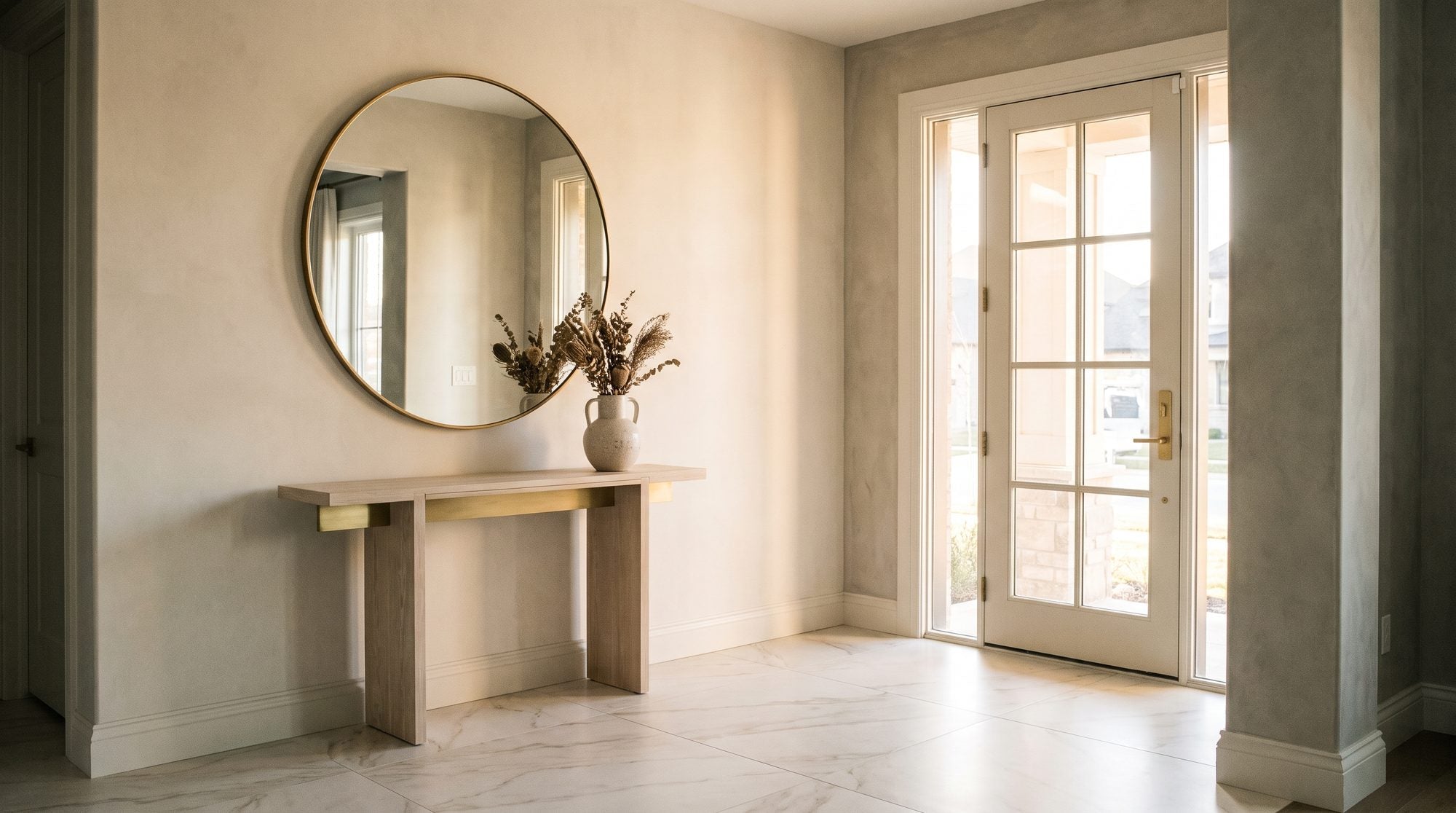 A bright, welcoming residential foyer floored in large-format marble-look porcelain with soft warm-grey veining, a console table, round mirror, and a glass-paned front door letting in daylight.