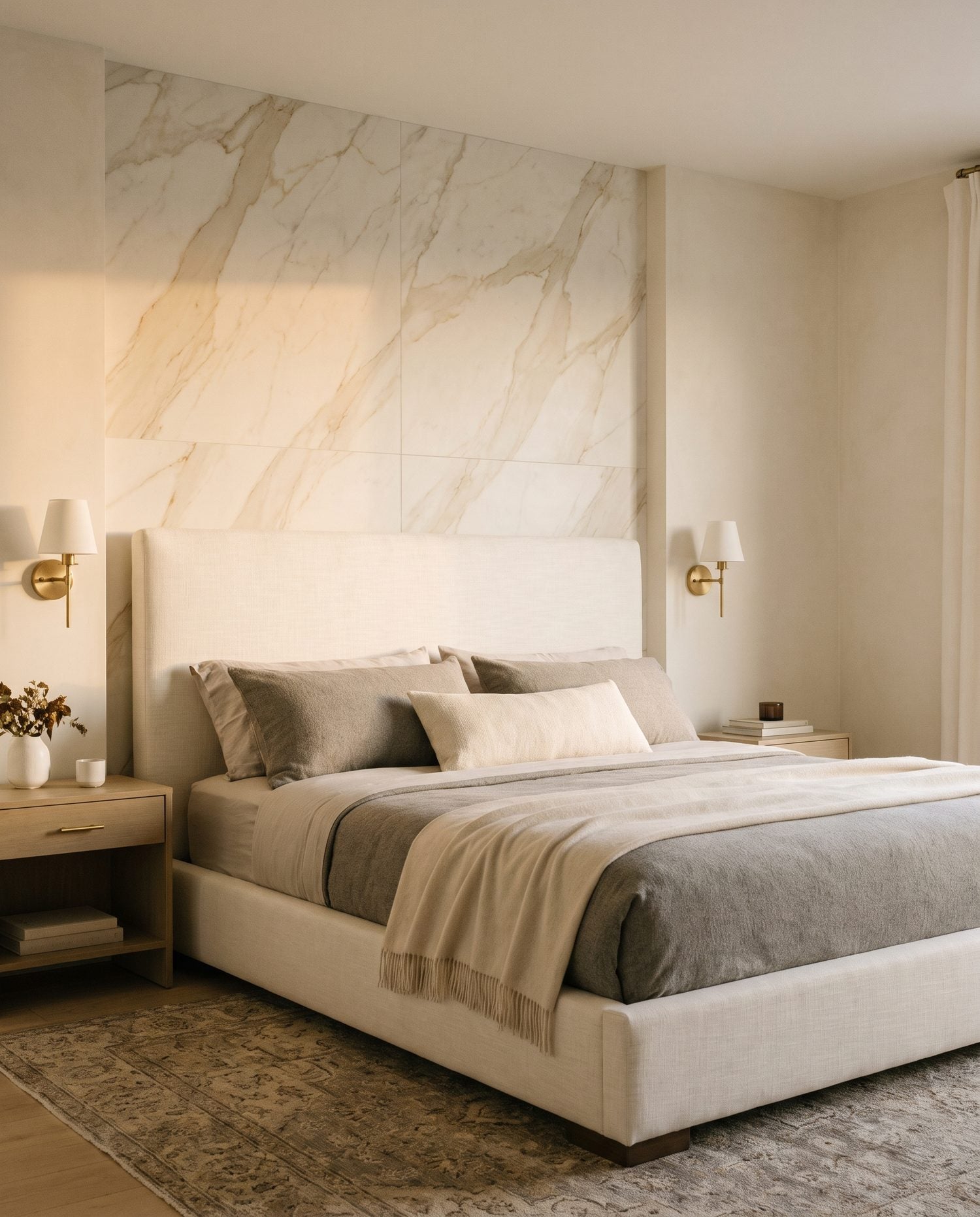 An accent wall in large-format marble-look porcelain behind an upholstered bed headboard, with cream plaster side walls and warm evening light in the ANVE style.