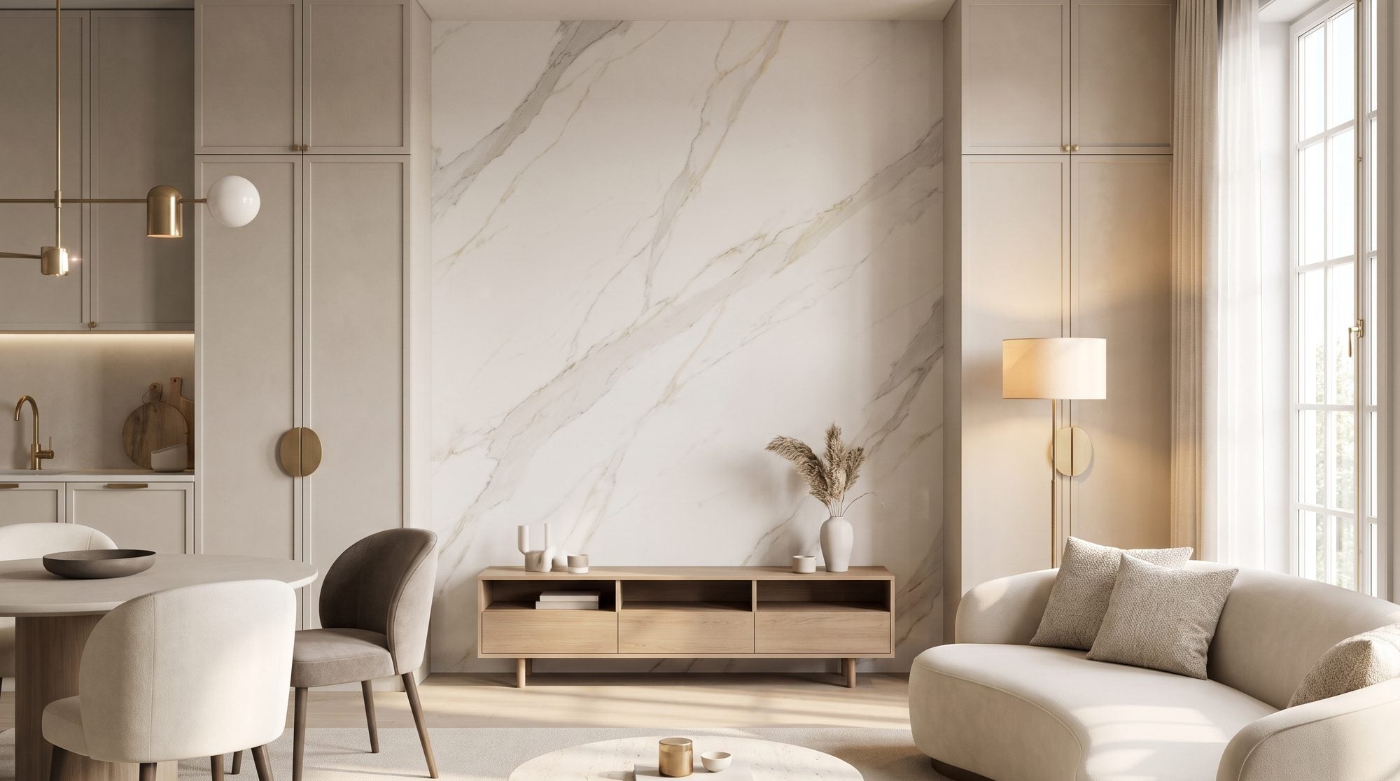 A refined living room with an accent wall clad in large-format marble-look porcelain with soft grey-gold veining behind a low console, warm lamp light, in the ANVE style.