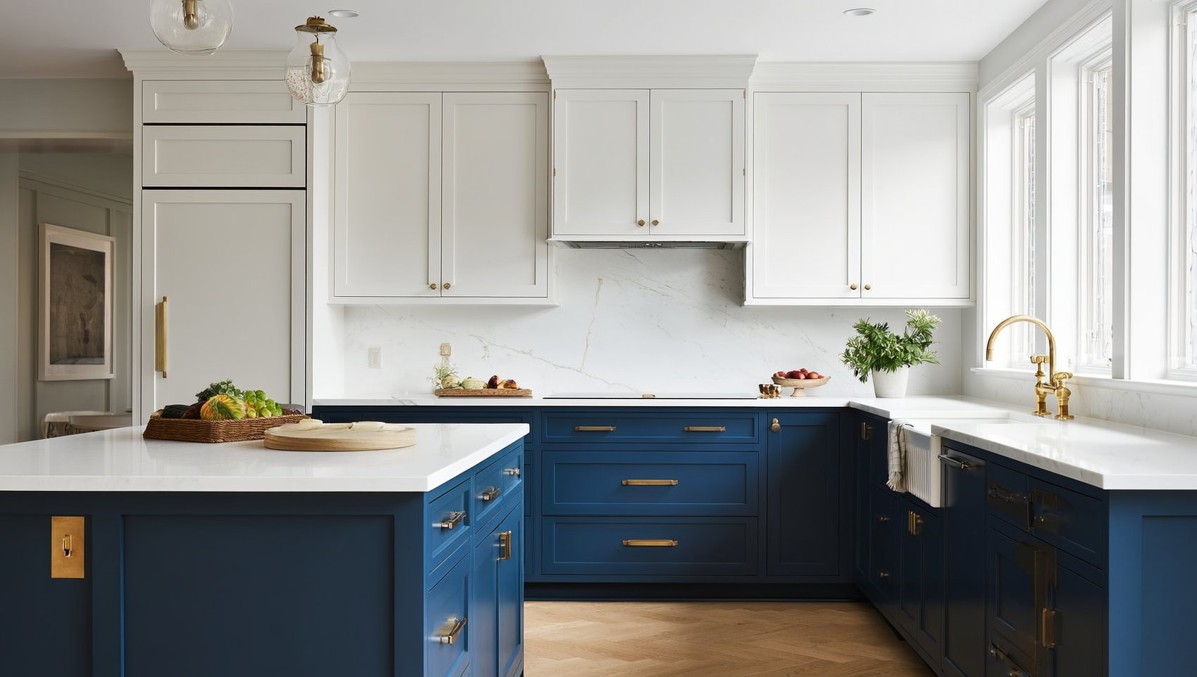 Two-tone kitchen with navy-blue lower cabinets, white shaker uppers, white quartz counter, marble backsplash, and brass hardware