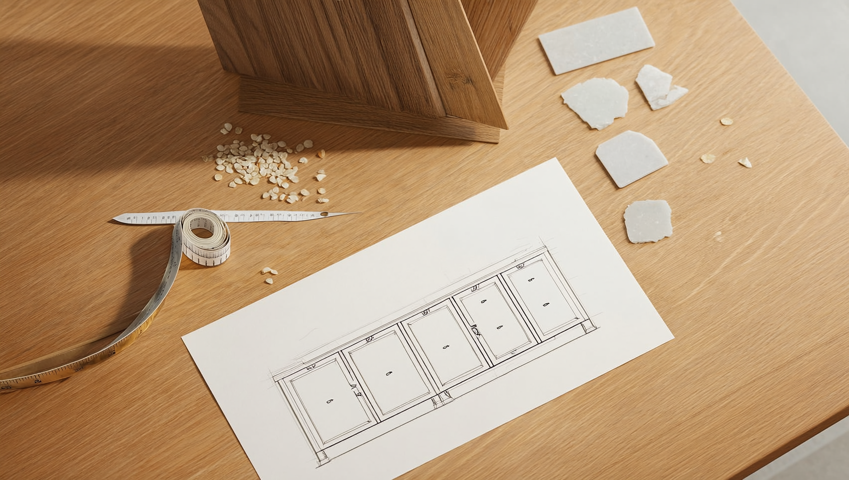 Kitchen design consultation table with cabinet door samples, wood finish chips, a quartz countertop swatch, a tape measure, and a floor-plan sketch