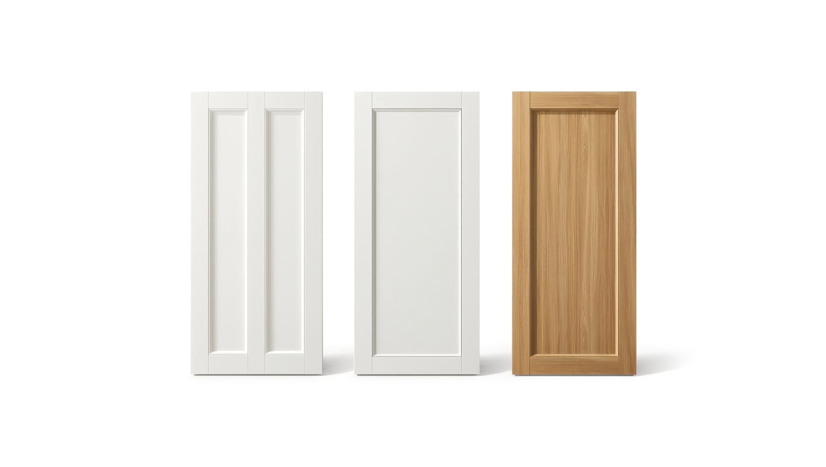 Three kitchen cabinet door styles side by side: White Shaker, flat-panel modern, and raised-panel two-tone, at ANVE Kitchen & Bath